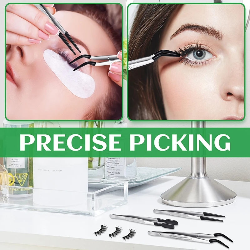 Honoson 3 Pieces Tweezers with Rubber Tips PVC Coated Set Rubber Straight Flat Tip Long Bent Tweezers for Crafts Stamps Beads Jewelry Tools(Black
