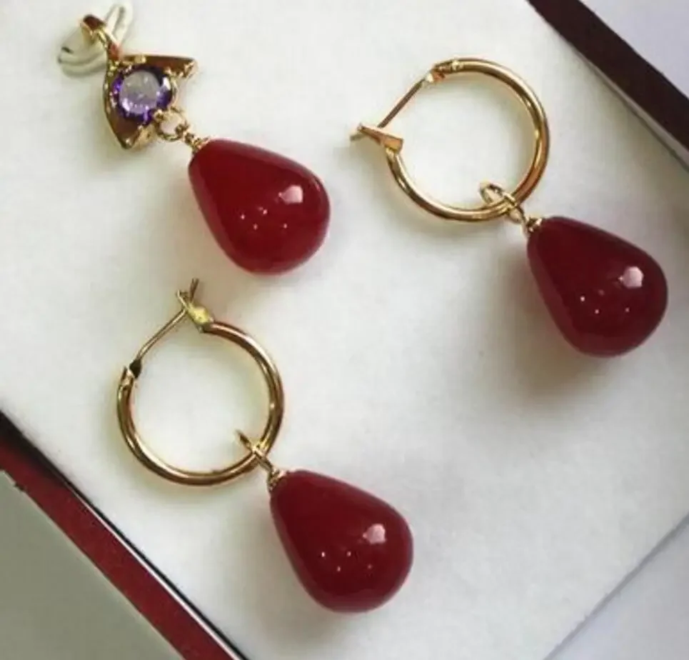 

Noblest 12*16mm Red Ruby jade Dangle Earrings Pendant Necklace set 18K gold plated watch wholesale Quartz stone