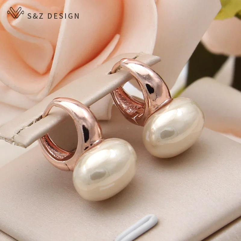 S&Z DESIGN New Fashion Vintage Oval Simulated-pearl Dangle Earrings For Women Wedding Party 585 Rose Gold Color Jewelry Gift