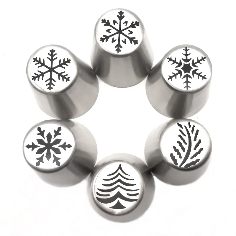 6pcs Icing Piping Tips Christmas Tree Snowflake Russian Leaf Nozzle Bakeware Cupcake Cake Decorating Pastry Baking Tools K082