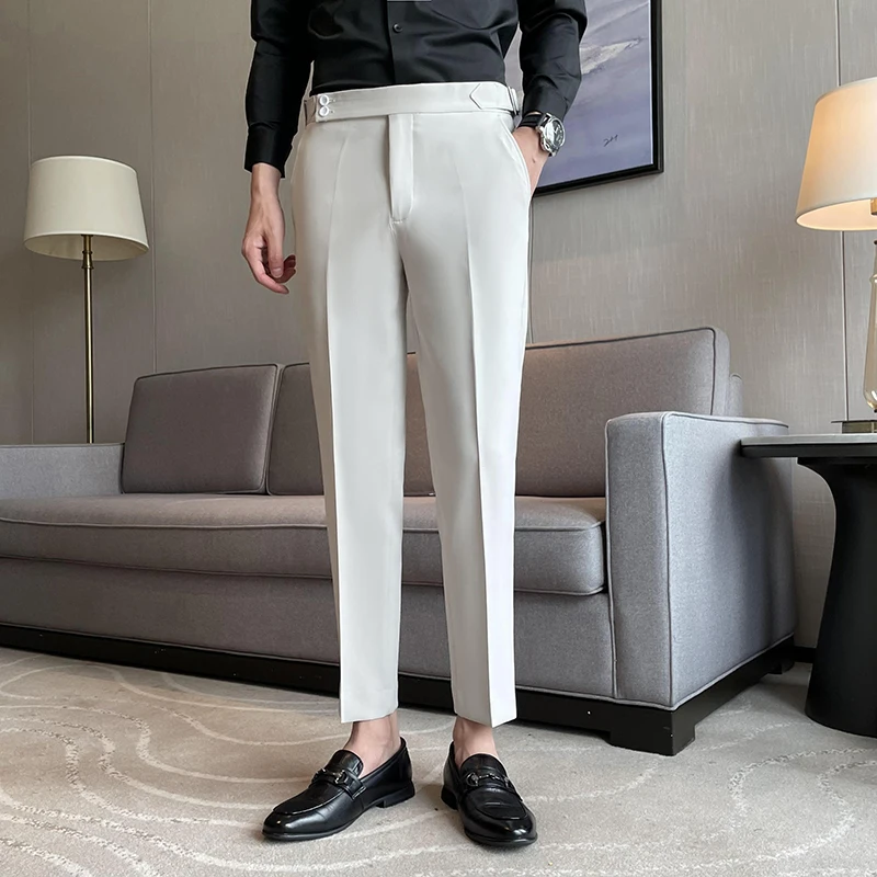 2023 Men Business Casual Dress Pants Men Belt Design Slim Trousers Formal  Office Social Wedding Party Dress Suit Pant 28-38