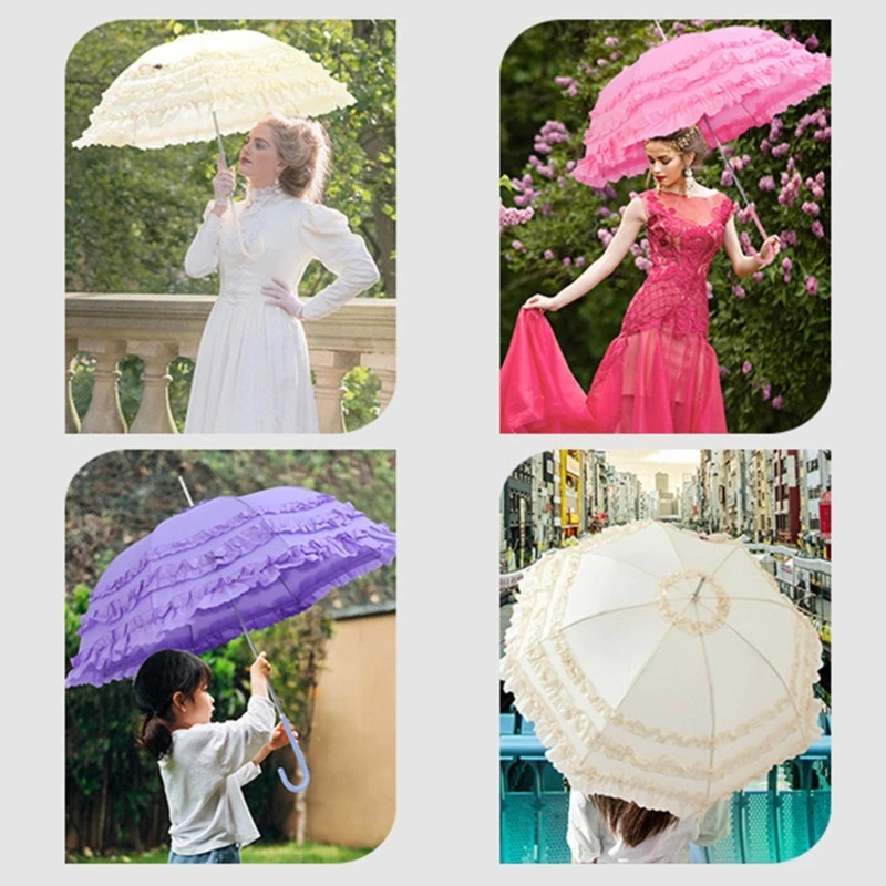 Gothic Lolita Cute Princess Lace Umbrella Long Handle Semiautomatic Large Marriage Parasol for Women