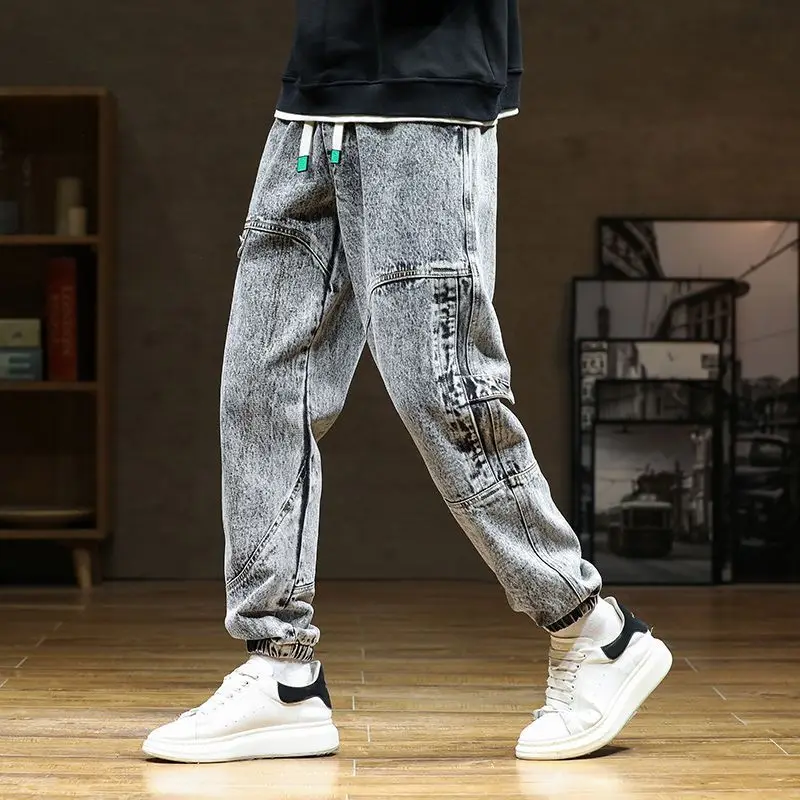 2022 New Jeans Autumn and Winter Plus Size Pants Elastic Waist Harun Men's Casual Loose Leggings Solid Color Patchwork Pockets