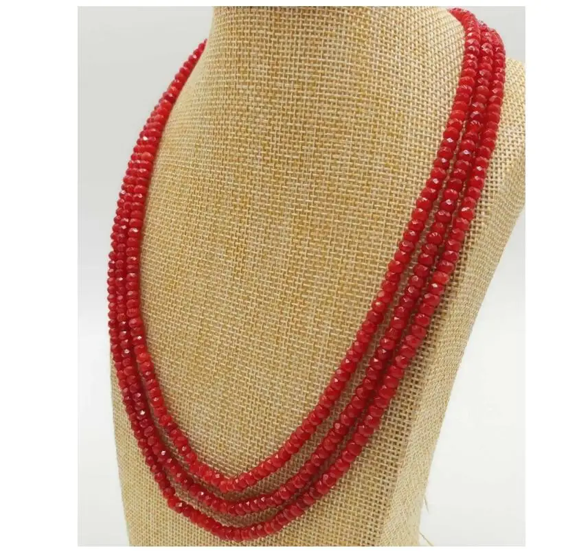 

Pretty2x4mm Natural Red Ruby Gemstone Faceted Abacus Beads 3 Row Necklace