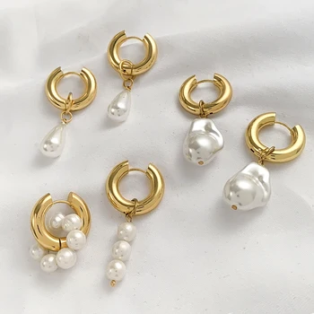 Classic Pearl Round Baroque Shape Pendant Hoop Earrings for Women Gold Color Stainless Steel Circle Earring Fashion Jewelry