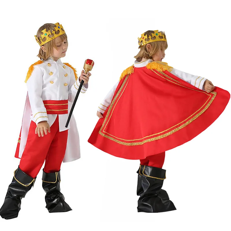 

Костюм принцессы для мальчиков, костюм средневекового короля для косплея, детская одежда для ролевых игр на Хэллоуин, топ, брюки, пояс, накидка, корона, комплект