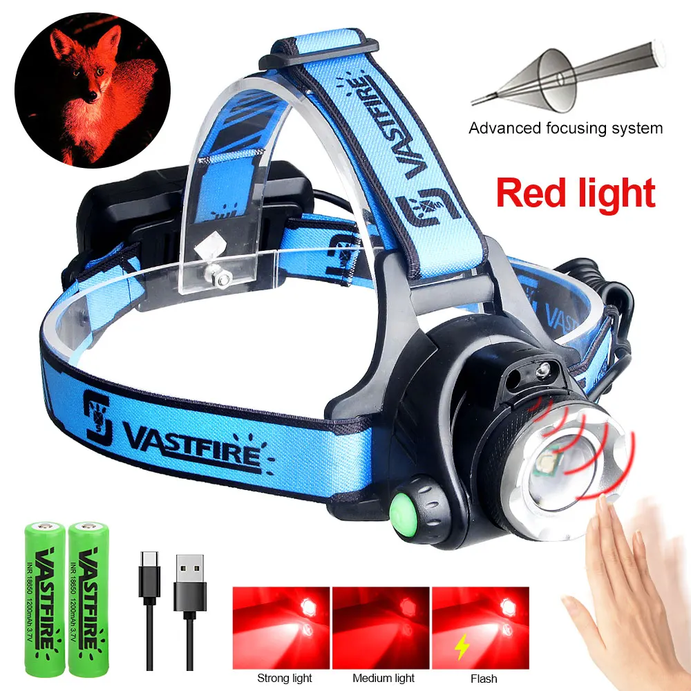 Lampe frontale tactique rouge/verte/UV395nm/blanche, lampe frontale zoomable LED, recharge USB, 3 modes, lampe frontale puissante pour la chasse
