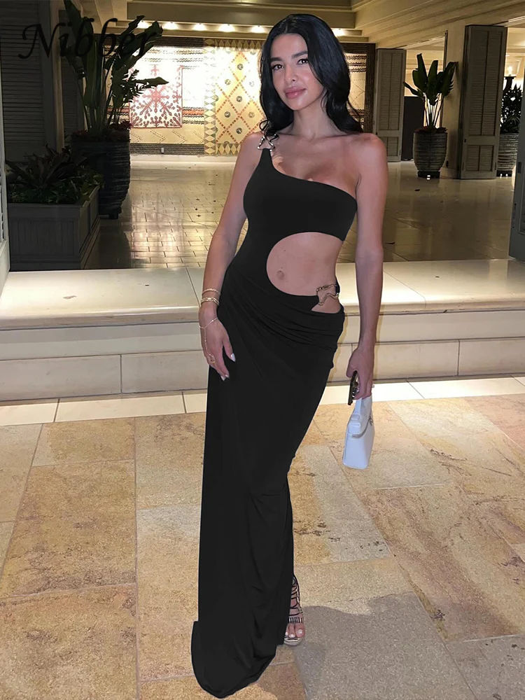 Nibber Metal Buckle Dress Women Irregular Hollow Split One Shoulder Skinny Ruched Waistless Midnight Clubwear Elegant Bodycon