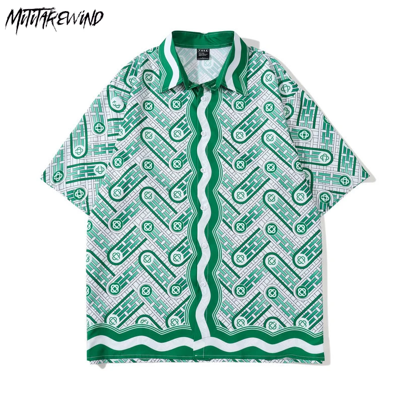 

Summer Streetwear Casual Short Sleeve T Shirts Men Print Loose Oversized Single Breasted Fashion New Turn Down Collar Male Tops