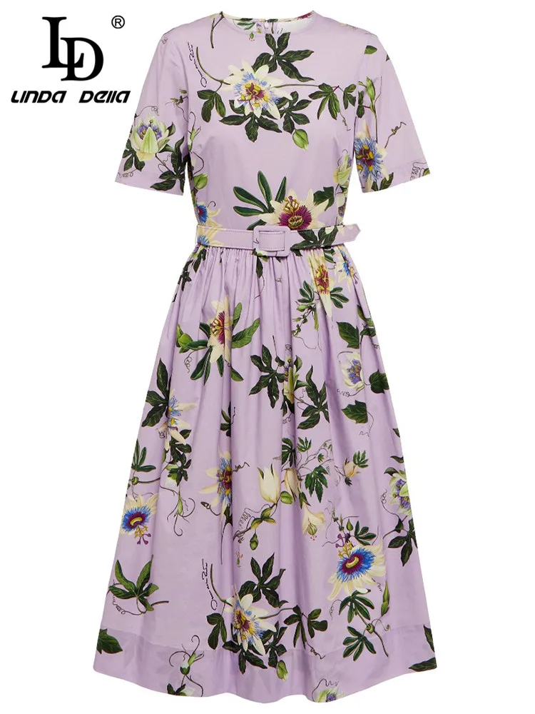 

LD LINDA DELLA Fashion Designer Summer Dress Women Short sleeve Belted Purple Flower print Vintage Vacation Party Midi Dress