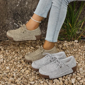 New Women's Linen Platform Loafers Soft Sole Comfortable Lace Up Moccasins Casual Walking Shoes for Women