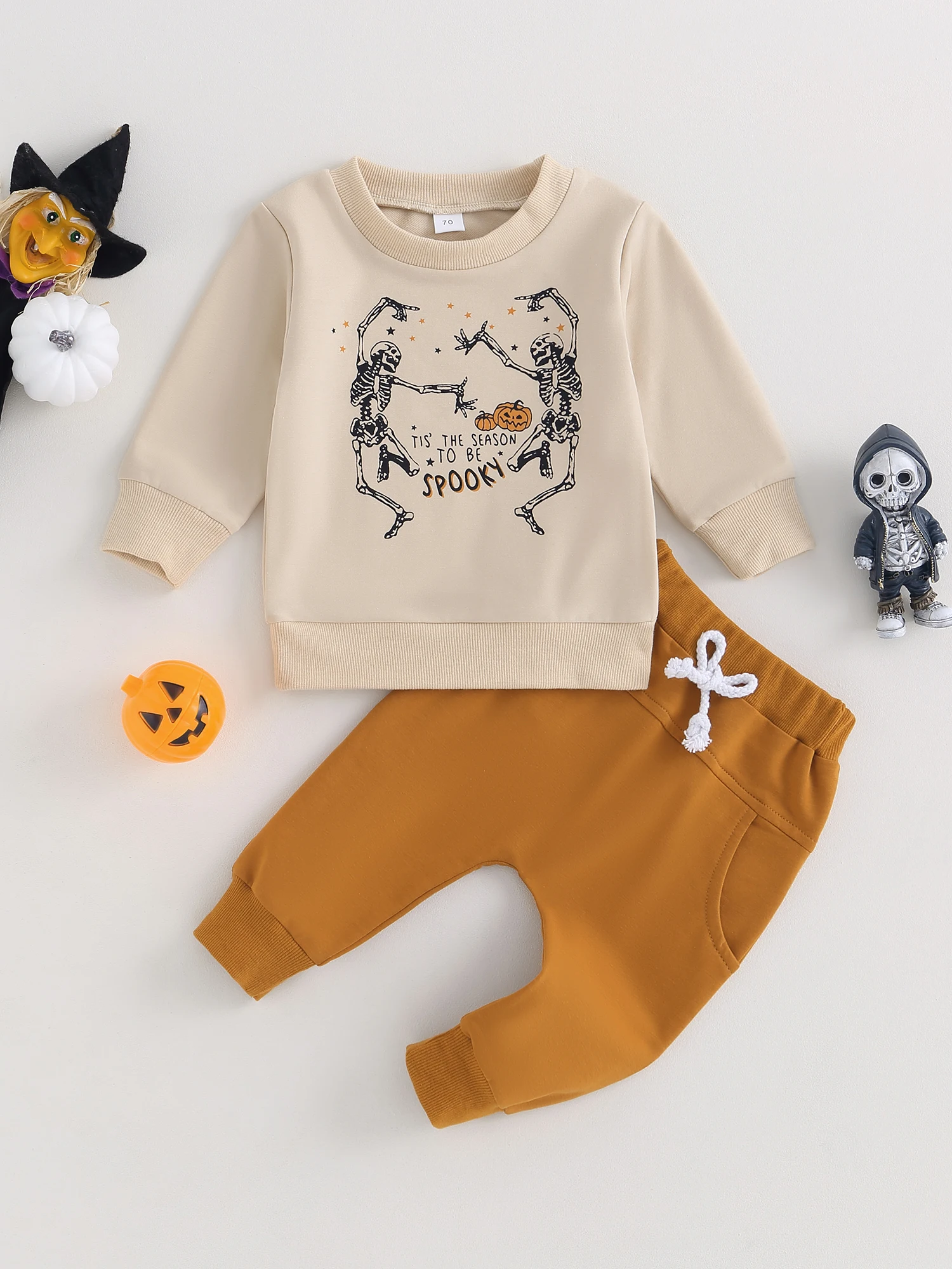 

Spooky and Stylish Skeleton Crewneck Sweatshirt and Jogger Pants Halloween Costume Set for Newborn Baby Boys Available in
