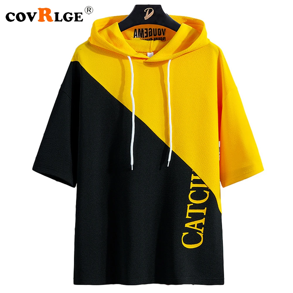 

Covrlge Men Hooded T-shirt Patchwork Color Short Sleeve T Shirt Hip Hop Streetwear Loose Sports Tee New Fashion Men Hoodies Tops