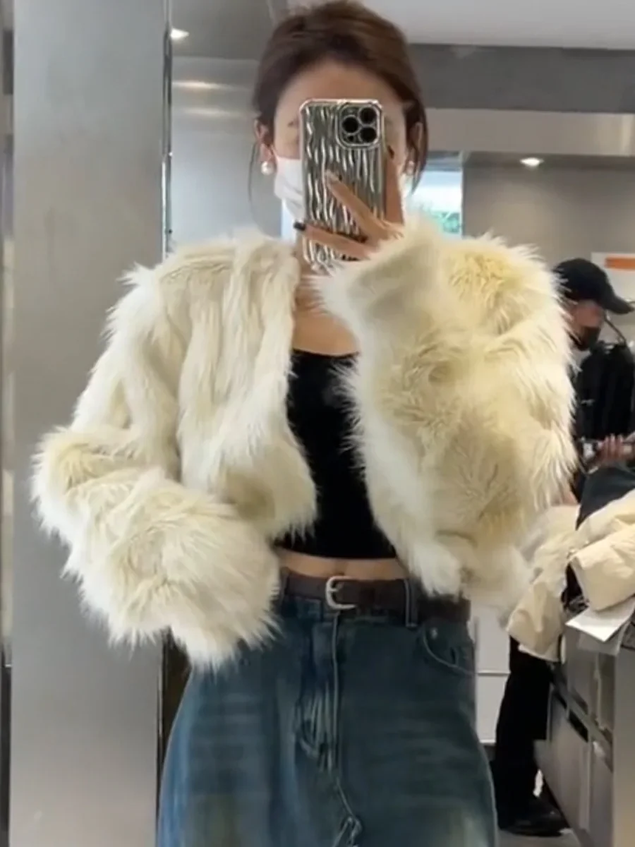 Fashion Imitation Fur Fox Jackets Cropped Coat Women's Clothies Fall/winter Loose Wool Cardigan Tops Outerwear Short Thick Warm