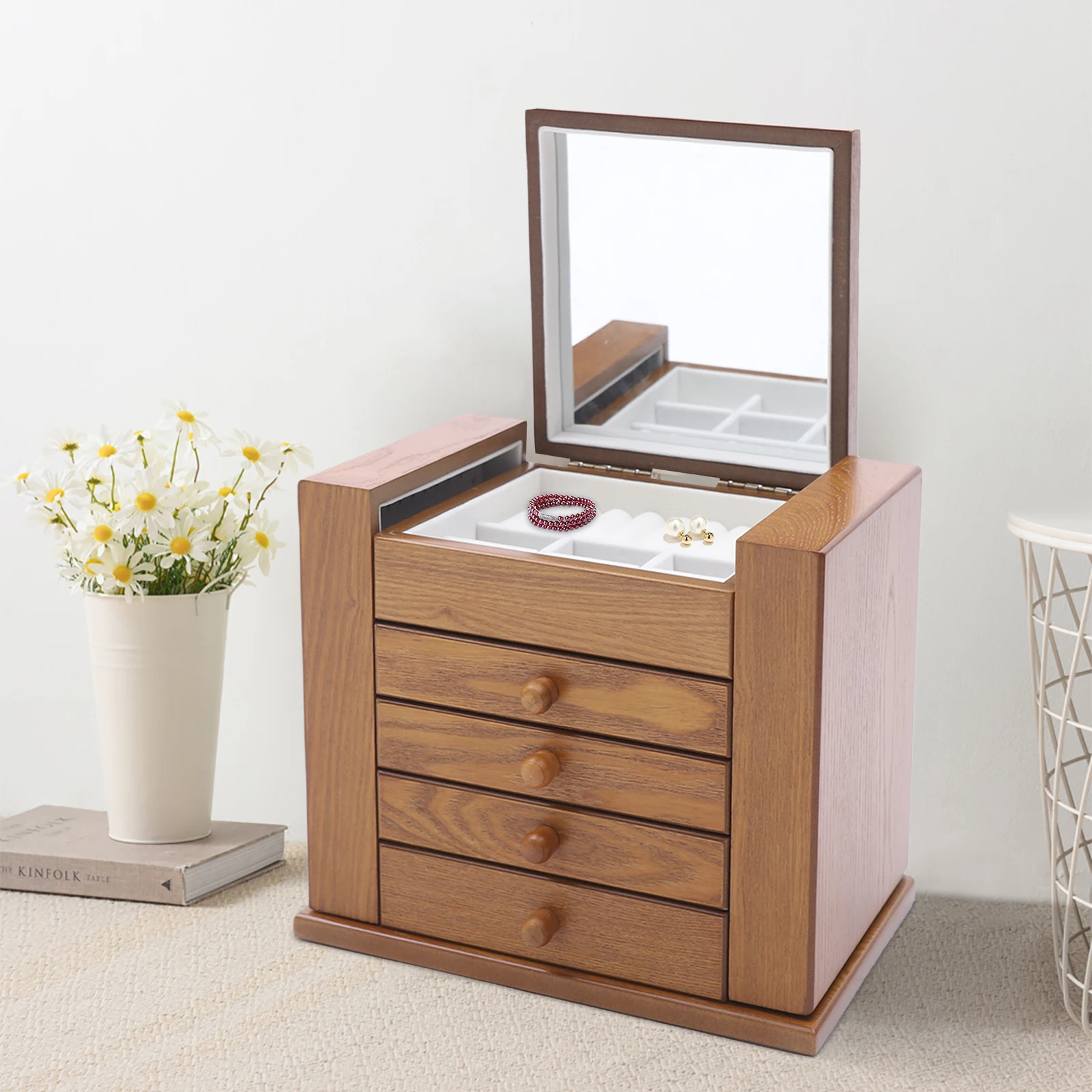 5 Layer Drawer Jewelry Box Organizer Storage Chinese Style Pine Wooden Large Box High Capacity Luxurious Solid Wood Necklace