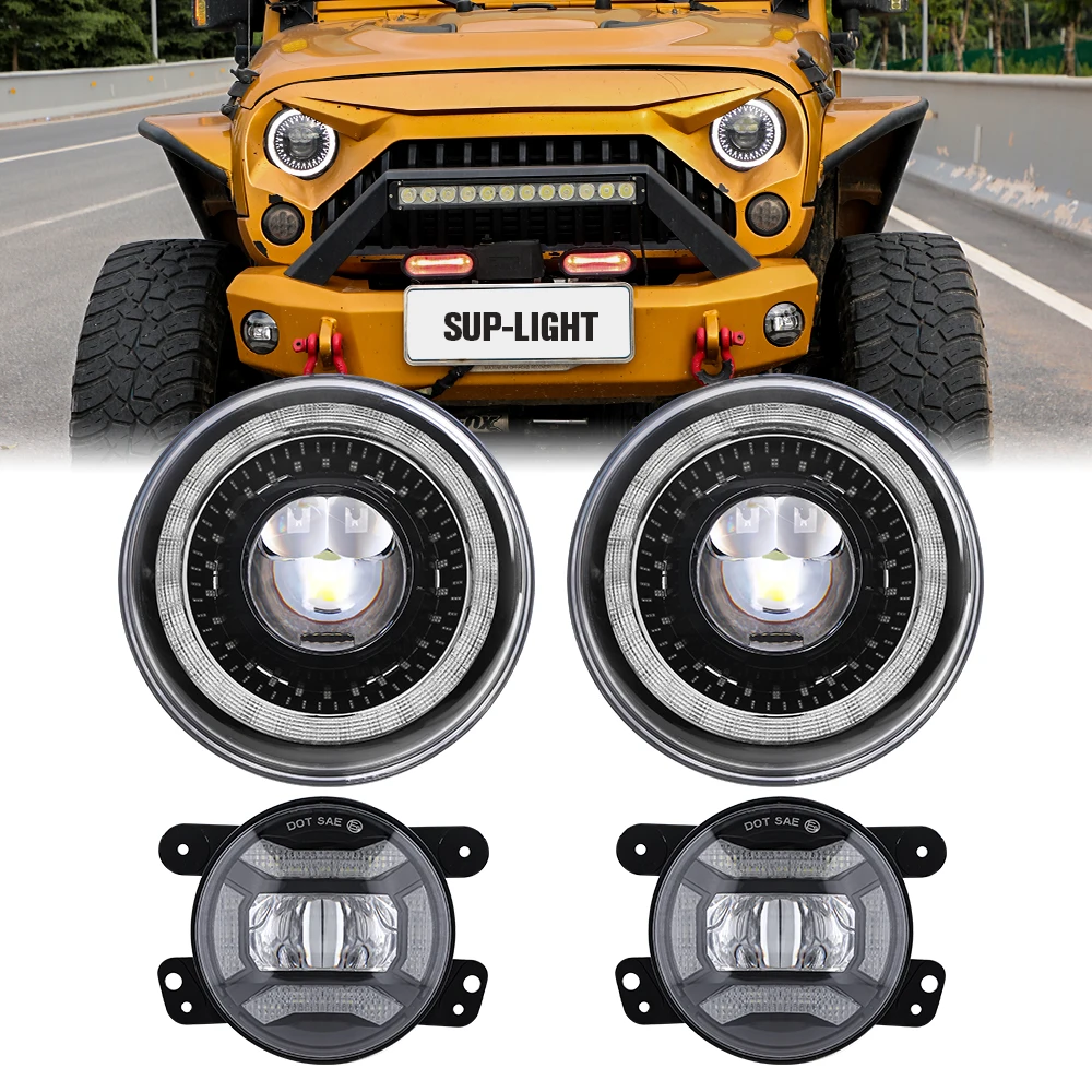 

7 inch LED Headlight + 4 inch Fog Light for Jeep Wrangler JK Unlimited JKU Accessories 07-18 HALO DRL High/Low Sealed Beam