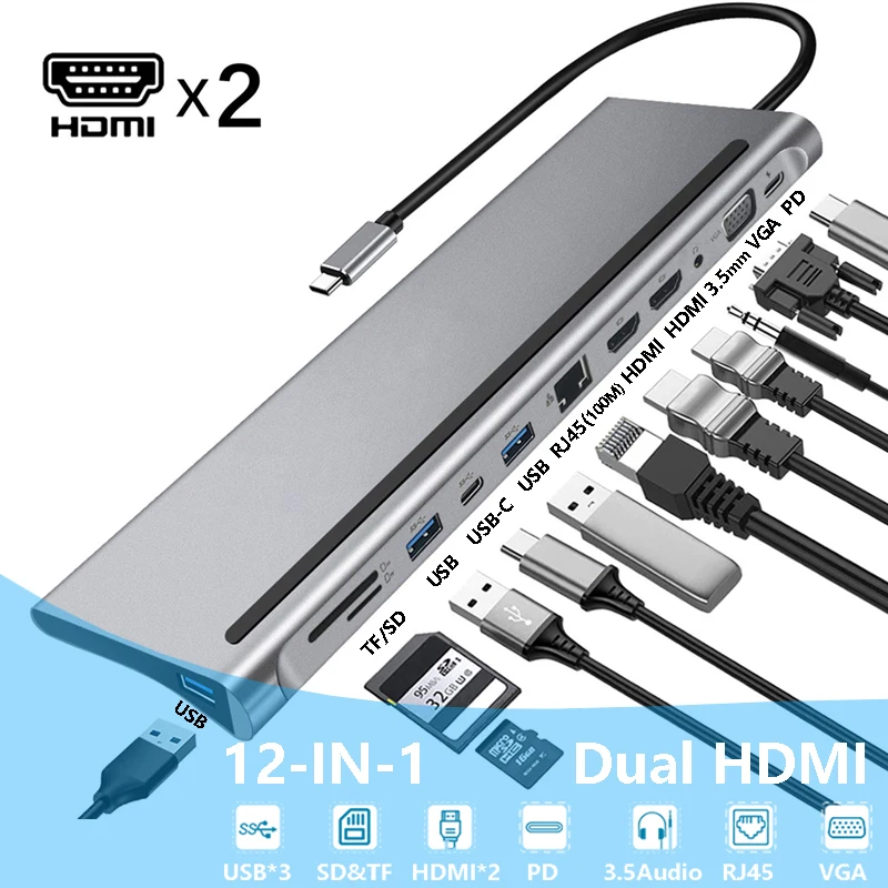 brændt Fahrenheit knus 12 in 1 usb c hub with 2 HDMI+DP+8 USB C/A Ports+Ethernet+Audio, USB C  Dongle for MacBook/Dell/HP/Lenovo ThinkPad/Surface _ - AliExpress Mobile