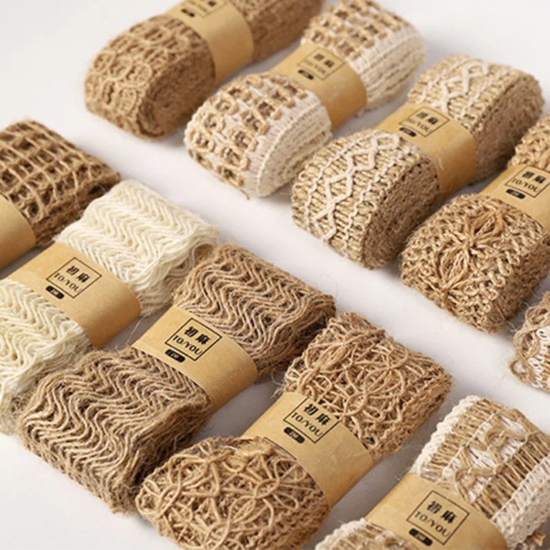2M Jute Burlap Ribbon Embroidered Jute Lace Ribbons Wedding Decoration Gift Packaging Rope String Cords Christmas Party Supplies