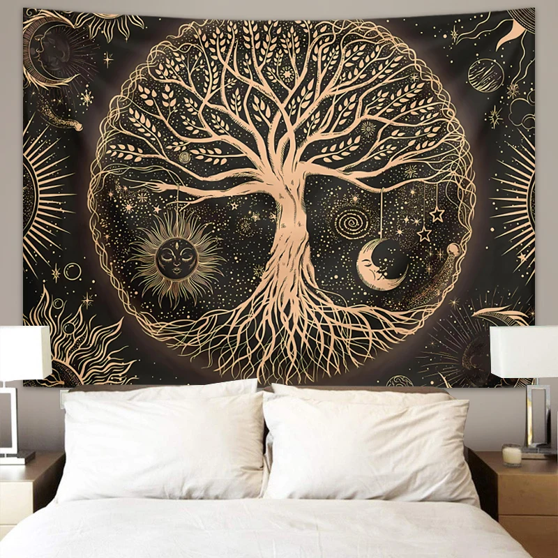 1 Stück Baum des Lebens Wandteppich Wandbehang, ästhetische Galaxie Sonne Mond Sternenhimmel Wandteppich, Zuhause Wohnzimmer Schlafzimmer Dekoration – Detail 18