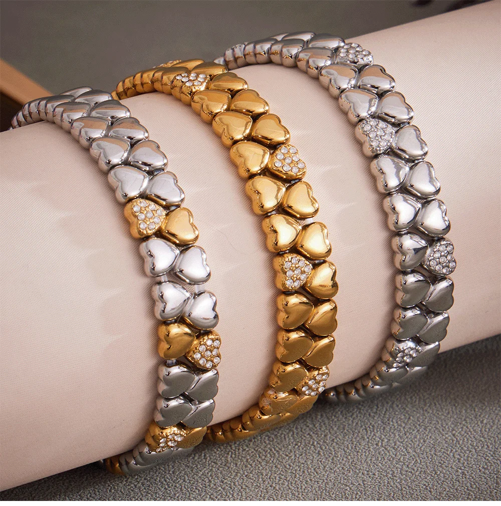Goldfarbenes, herzförmiges Silberarmband für Damen, 316L-Edelstahl, 18 Karat vergoldete Kette, Perlen-Zirkon-Armband, Schmuck – Detail 17