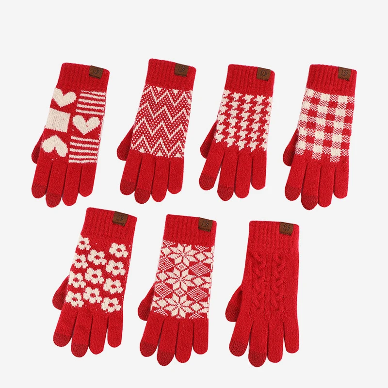 New Year Red Knitted Gloves with Touch Screen Winter Hand Warmer Elastic Print Woolen Glove Women Outdoor Cycling Velvet Mittens