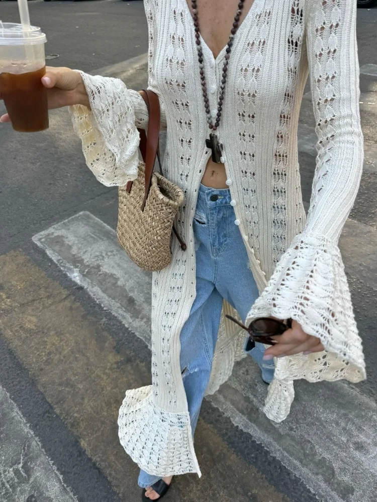 Autumn Hollow Out Knit Maxi Dress for Women Sexy Flare Sleeve