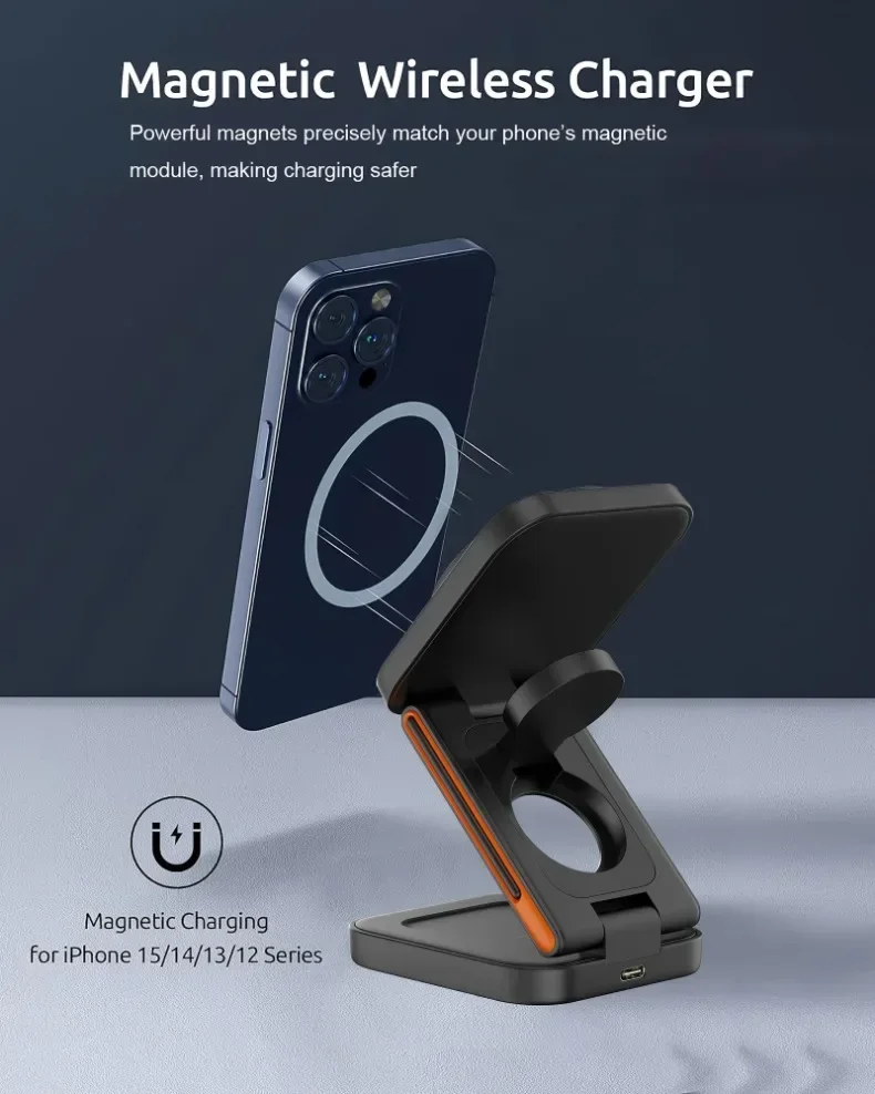 3 In 1 Foldable Magnetic Wireless Charger Stand Fast Charging Station for iPhone 17 16 15 14 13 iWatch 10-2 Airpods Pro Max