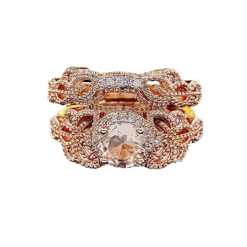 Women Wedding Ring Set Shiny Round Cut Zircon Stone Rings Rose Gold Color 2 Pcs