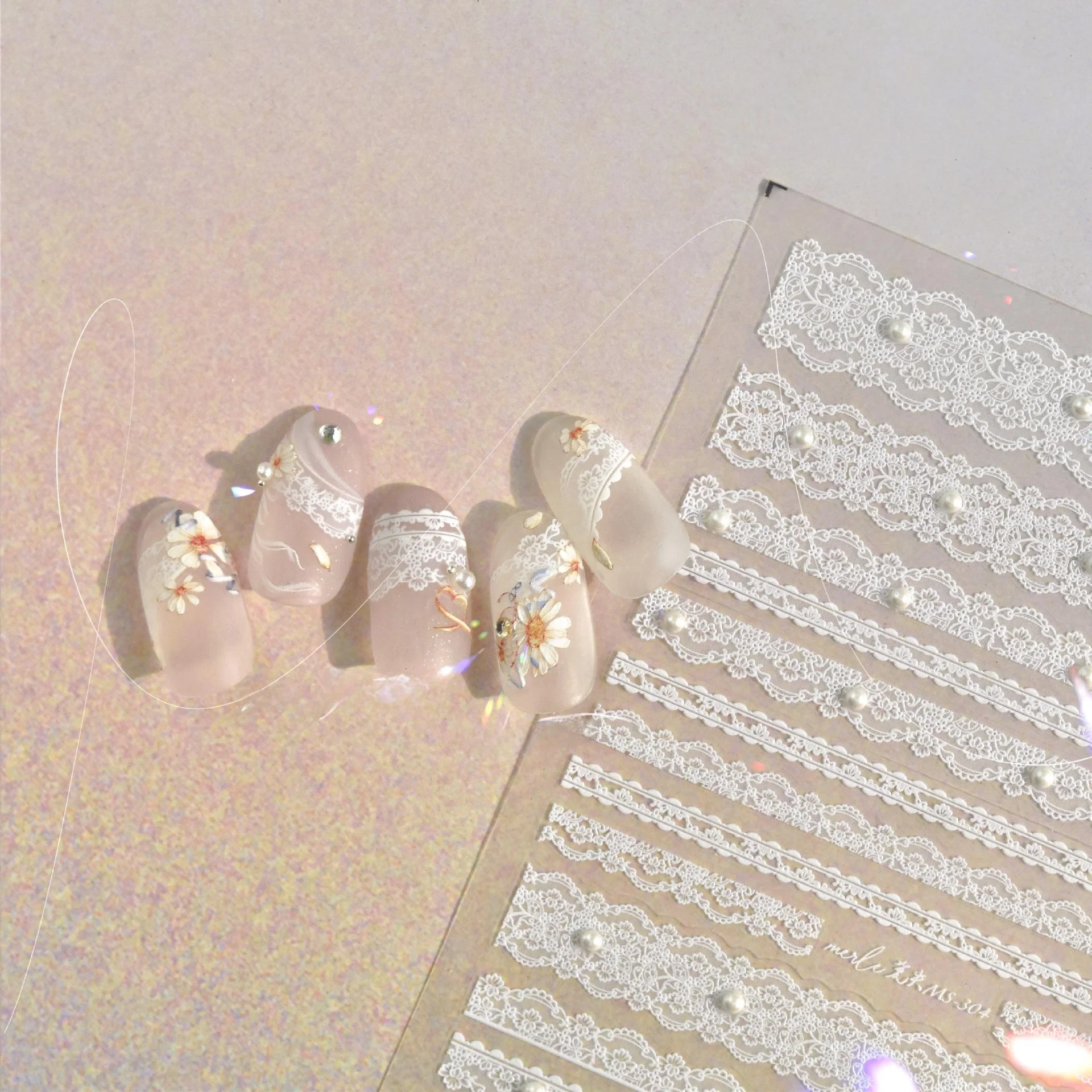 5D Lace Stripe Nail Art Sticker With Pearl Diamond Gemstone Design Decorative