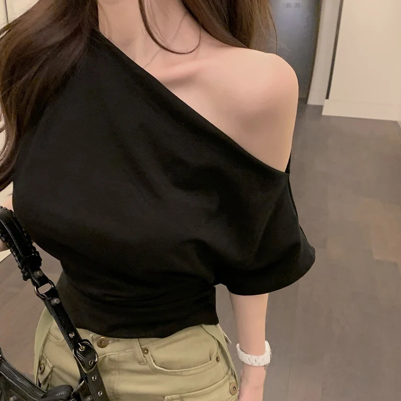 Summer Sexy Off Shoulder Short Sleeve T-shirt Women Solid Color Chic Crop Top