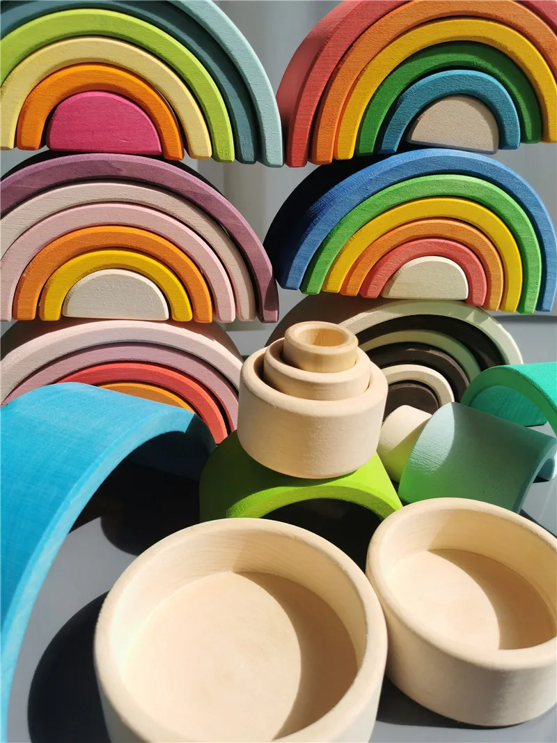 Kids Wooden Toys Rainbow Nesting Bowls BasSwood Layer Arch