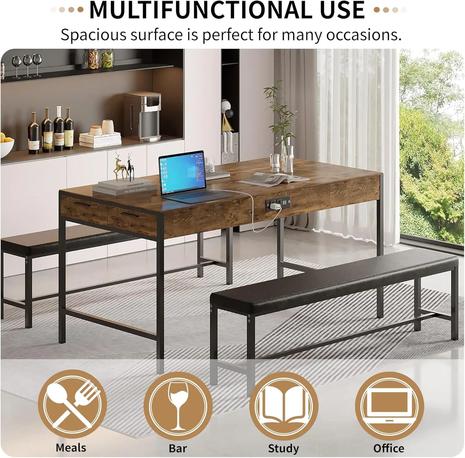 new-65" Dining Table Set for 4-6, 3-Piece Kitchen Set with 2 Utensil Drawers, 2 Benches & Wine Rack, Space Saving & Heavy Duty
