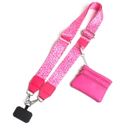 Leopard Print Lanyard with Zipper Wallet and Earphone Case (Rose red silver)