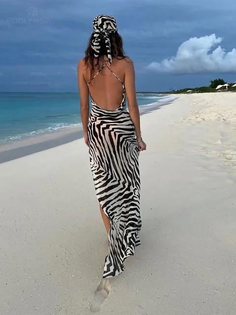 2022 Sexy Spaghetti Strap Side Split Beach Dress Summer Sundress Women Clothes Elegant Zebra Back Open Club Party Dresses A1144 3