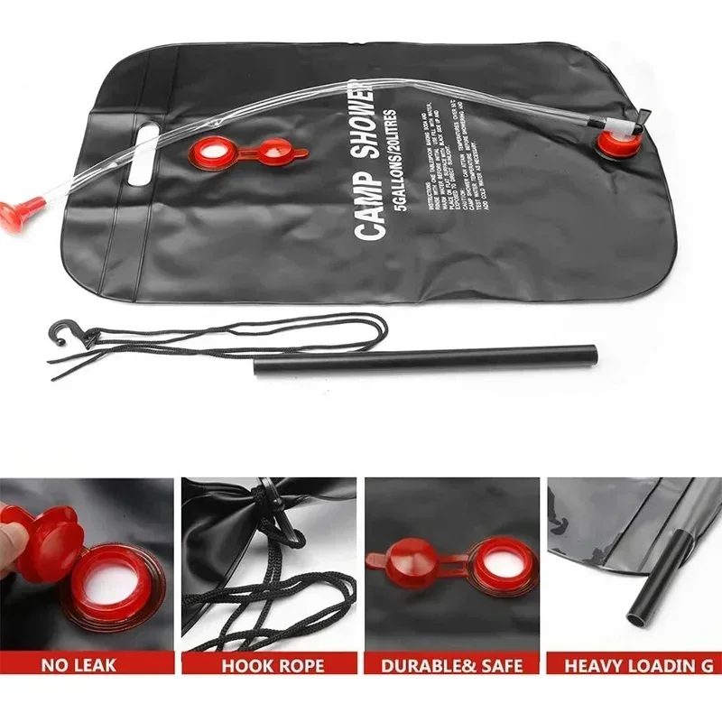20L Solar Shower Bag Portable Camping Outdoor Heated Water Bath Black PVC