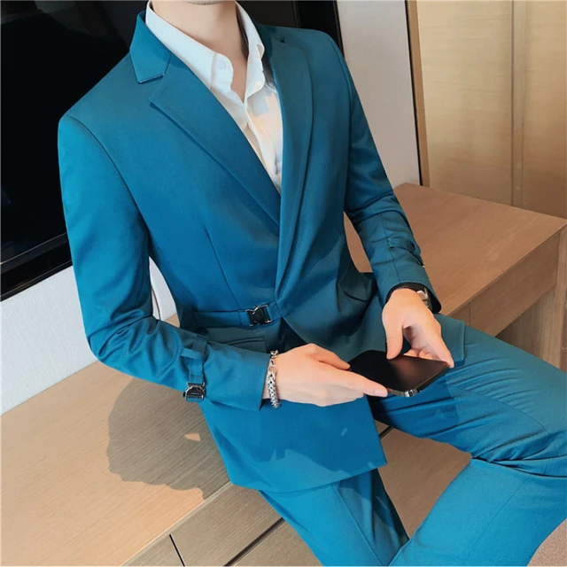 Solid Suits, Men's Two-piece Buckle Back Split Lapel Coat + Pants, Fashion  Business Suit Classic Regular Fit Solid Color - Temu