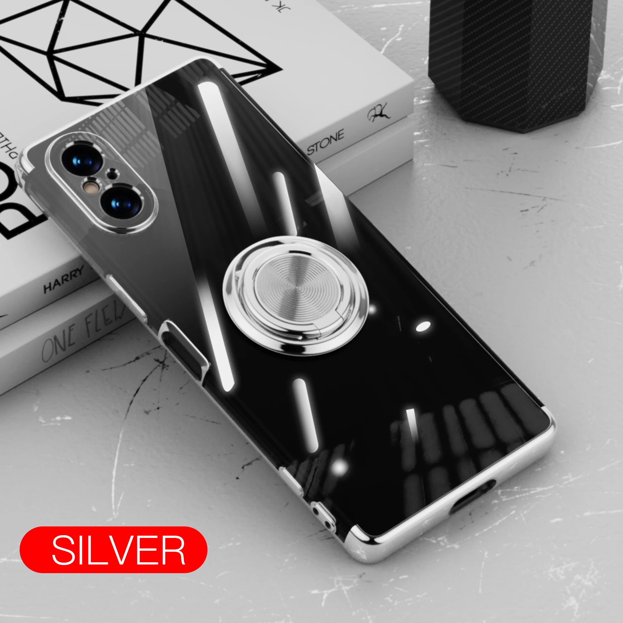 Clear Magnetic Phone Case with Metal Ring Kickstand - Slim Plating Design