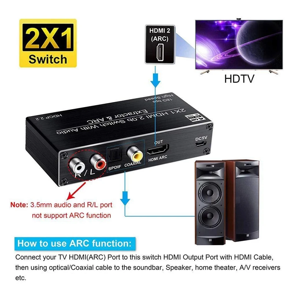 4K HDMI Switcher Audio Extractor 2 in 1 Out Selector R/L+Toslink SPDIF+COAXIAL Audio out HDMI ARC Switch 2x1 Adapter hdmi adapter,hdmi splitter switch,hdmi audio extractor,hdmi audio splitter