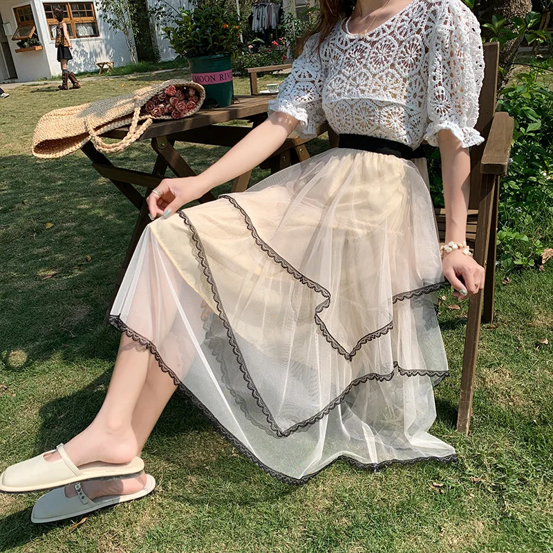 

TFETTERS Brand Black Skirt for Women Fashion Irregular Mesh Half Skirt Ball Gown Regular Fit Ankle Length Empire Women Clothing