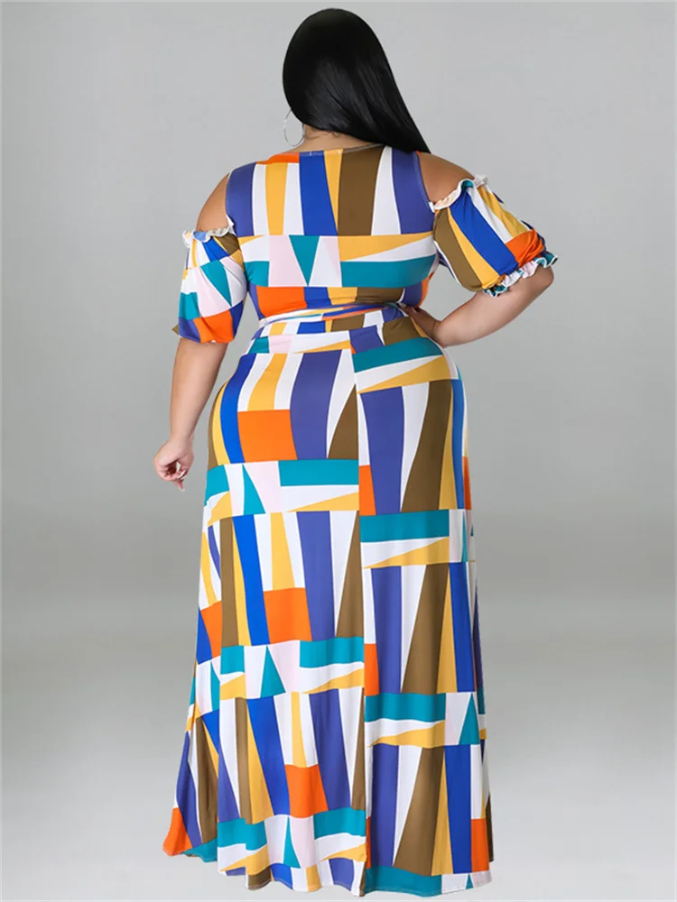 Wmstar Summer Plis Size Dress Sets Two Piece V Neck Printed Crop Top Big Swing Skirts Sexy Suits Slip Hem Wholesale Dropshipping