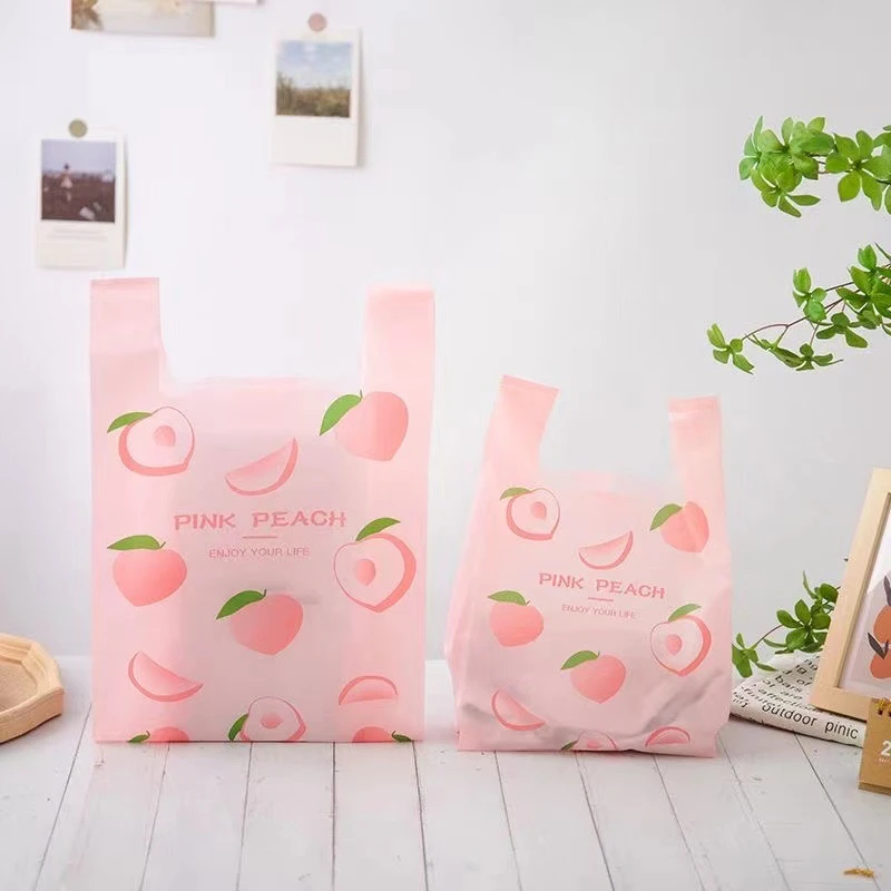 

50 Pcs Cute Fruit Plastic Bag Carry Out Bags with Handle Food Packaging Retail Supermarket Grocery Shopping Home Storage