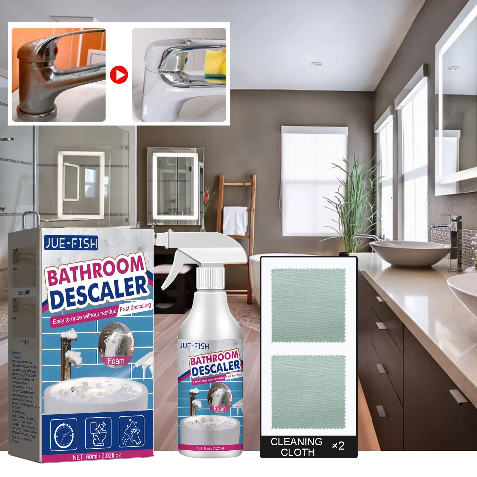 Bathroom Foam Cleaner Spray Powerful Bathroom Descaler Quickly Remove Multi-Purpose Cleaner for Glass Wash Basin Stainless Steel