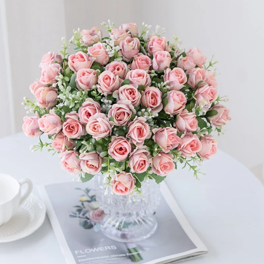 

30CM 5 fork 10 head small bud rose silk bouquet wedding bride holding artificial flowers home vase decoration indoor accessories