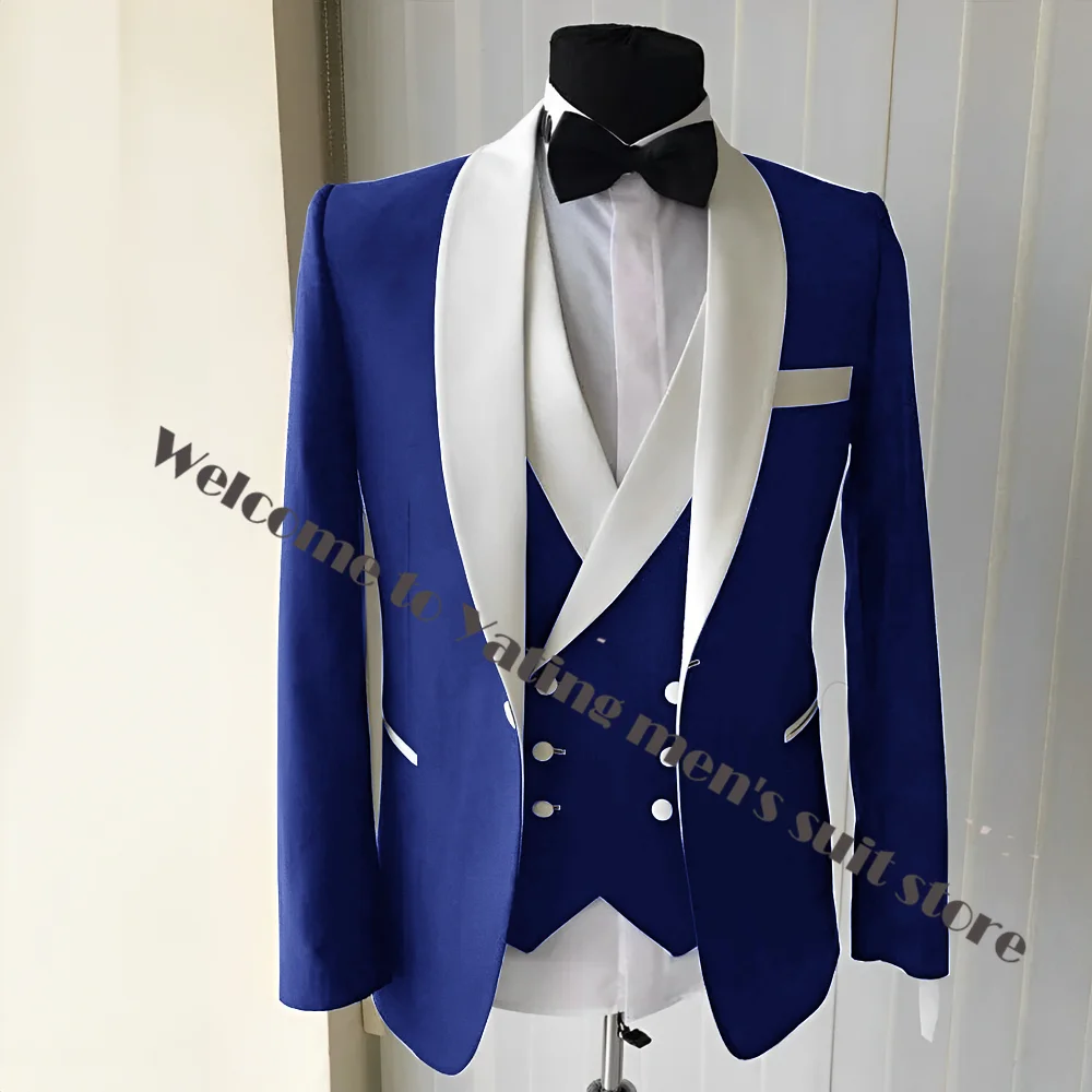

Royal Blue Men Wedding Suits New Brand Fashion Design Real Groomsmen White Shawl Lapel Groom Tuxedos Mens Tuxedo Wedding Suit