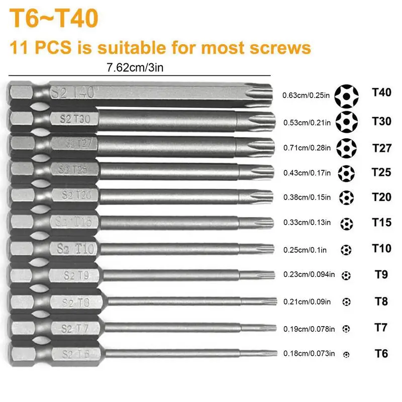 11Pcs Torx Bit Set Magnetic Tamper Resistant Star Bits T6-T40 Screwdriver Wrench Drill Bit Set drill accessory tool