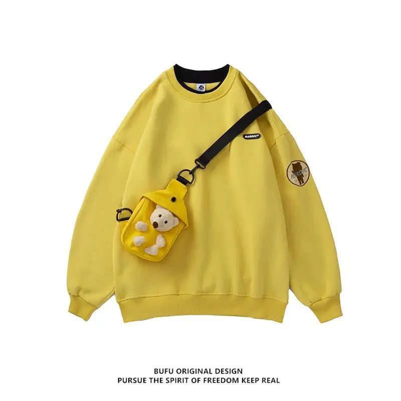Winter Long Sleeve Solid O-Neck Sweatshirt Plush Thick Bear Pullover with Bag Men and Women Loose Couple Fake Two-piece Tops