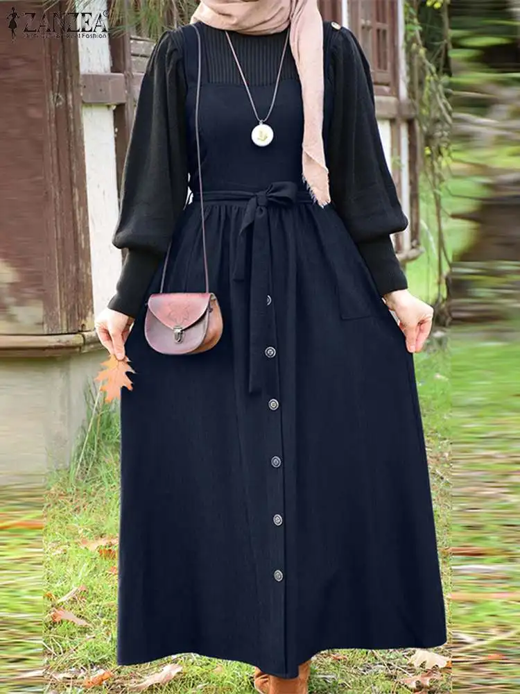  - 2023 ZANZEA Women Overalls Dress Vintage Sleeveless Square Neck Solid A-line Sundress Dubai Turkey Abaya Hijab Vestido Sarafans