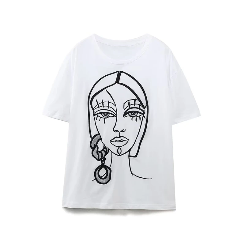 

2023 Summer New White t-Shirt Round Neck Short-Sleeved Face Pattern Printed Cotton Women's Loose Simple Casual All-Match Tops