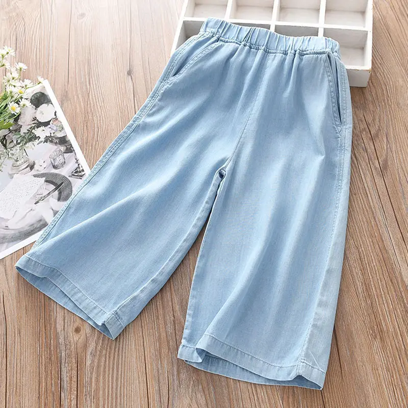 

2024 New Fashion Teenager Girls Wide Leg Pants Summer Casual Thin Chiffon Cropped Trousers 2 4 6 8 10 12 Years Children Clothing