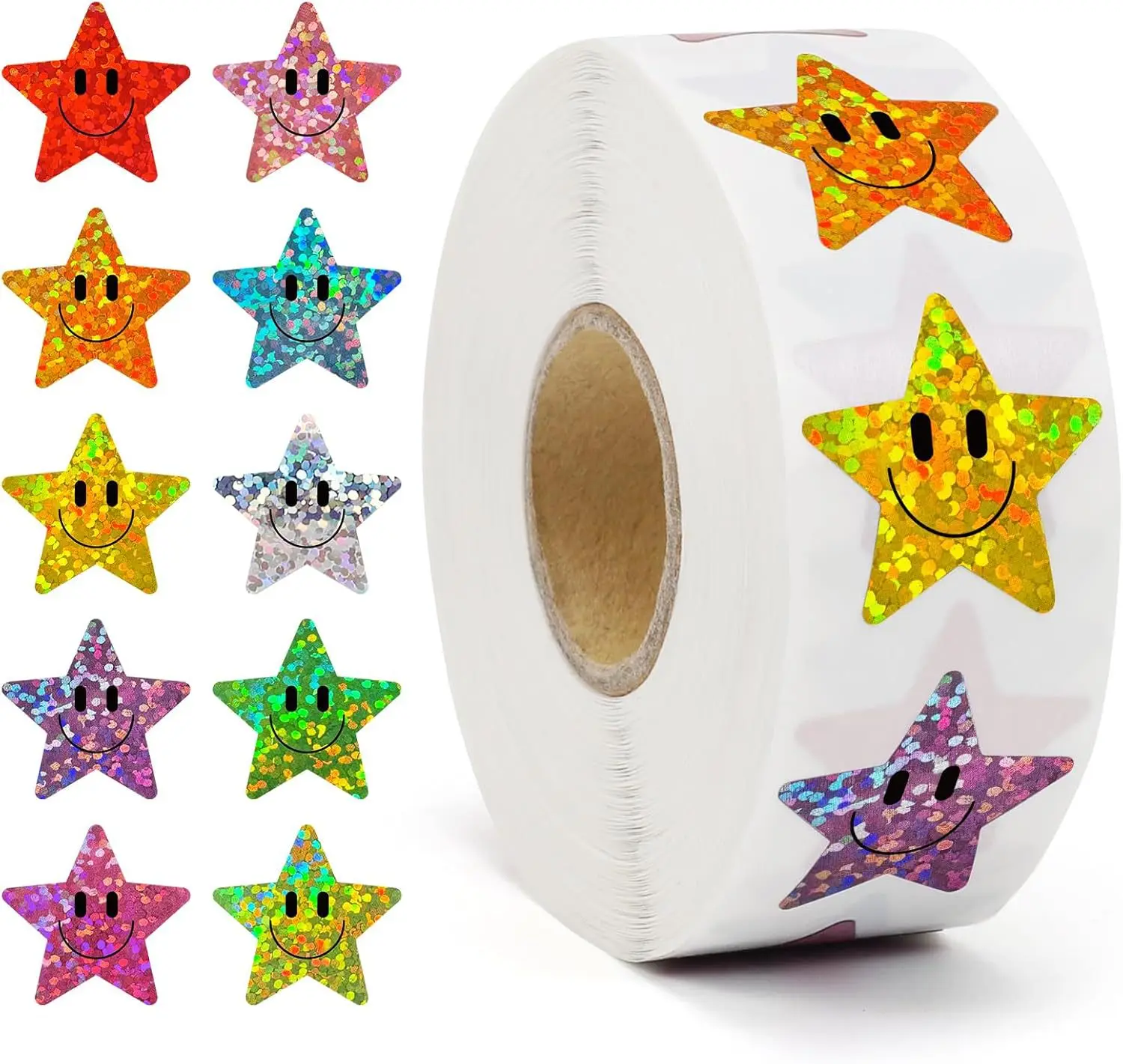 500pcs/roll 스마일 페이스 스타 스티커 교실을 위한 레이저 다채로운 해피 페이스 스티커 개학 생일 교사 보상